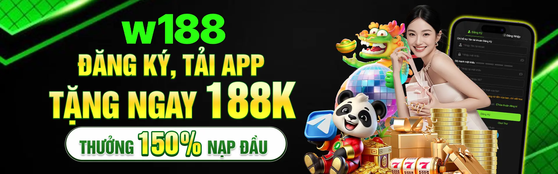 W188 banner nhà cái đăng ký, tải app, thưởng 100% nạp đầu